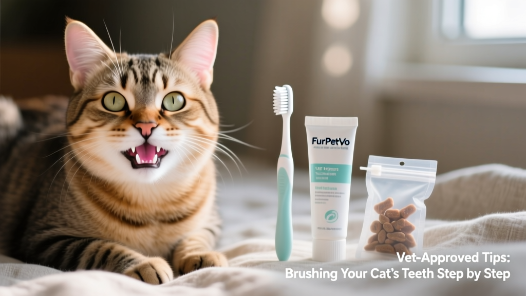 Healthy cat mouth showing clean white teeth and pink gums, next to a FurPetVo dental care kit with toothbrush, toothpaste, and treat pouch