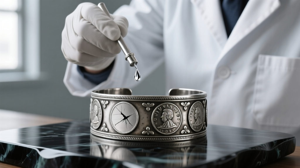Jeweler applying a drop of silver testing acid to a discreet scratch on a heavy gauge vintage Nevada coin silver cuff bracelet