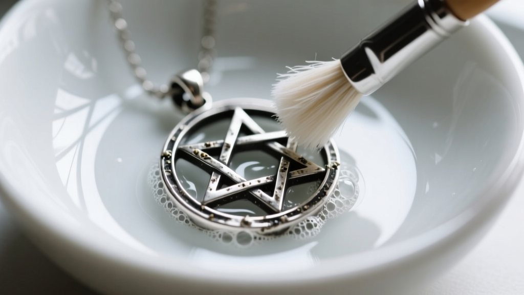 Soft nylon brush cleaning deep crevices of a blackened silver pentagram pendant with mild soapy water over a white ceramic bowl.