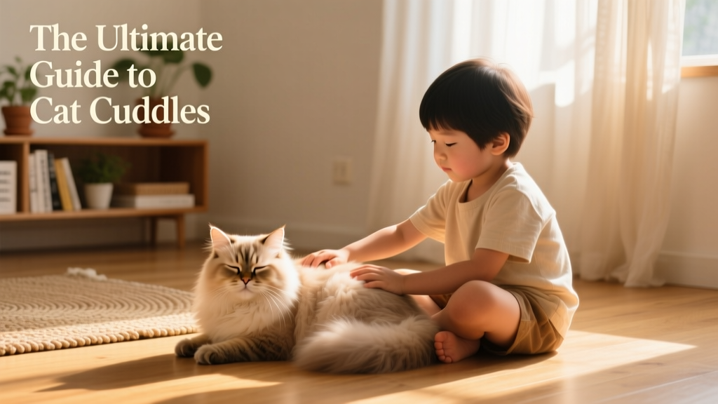 A child sitting quietly beside a calm cat on the floor, gently stroking its back with supervision