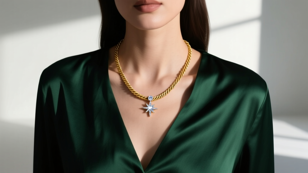 Woman wearing a Found Heaven necklace with a 14k gold cable chain over dark green silk, highlighting celestial diamond accents.