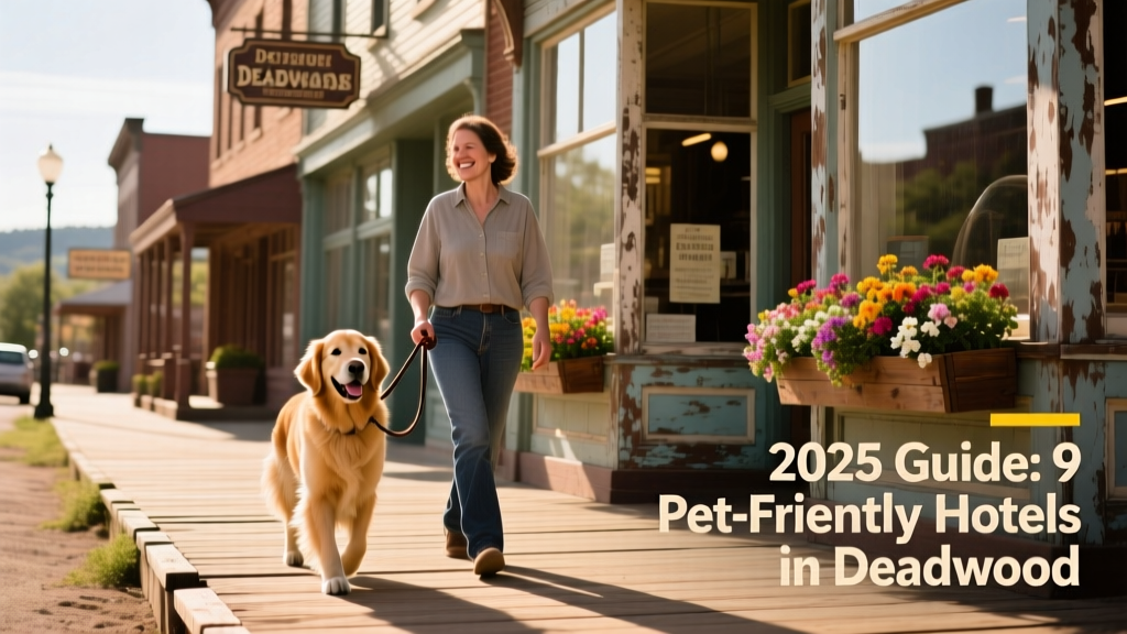 Historic downtown Deadwood with charming storefronts and a friendly dog walking beside its owner on the wooden sidewalk