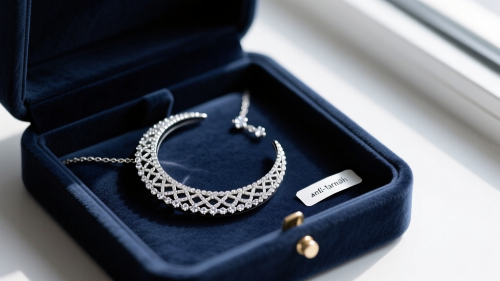 Delicate diamond crescent moon necklace coiled inside a suede-lined jewelry box compartment next to a small anti-tarnish strip.