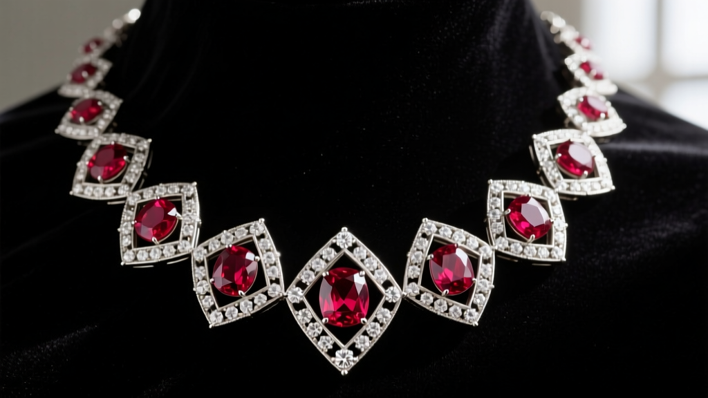 Art Deco platinum antique ruby necklace with geometric diamond halos on dark velvet, highlighting the intricate milgrain metalwork.