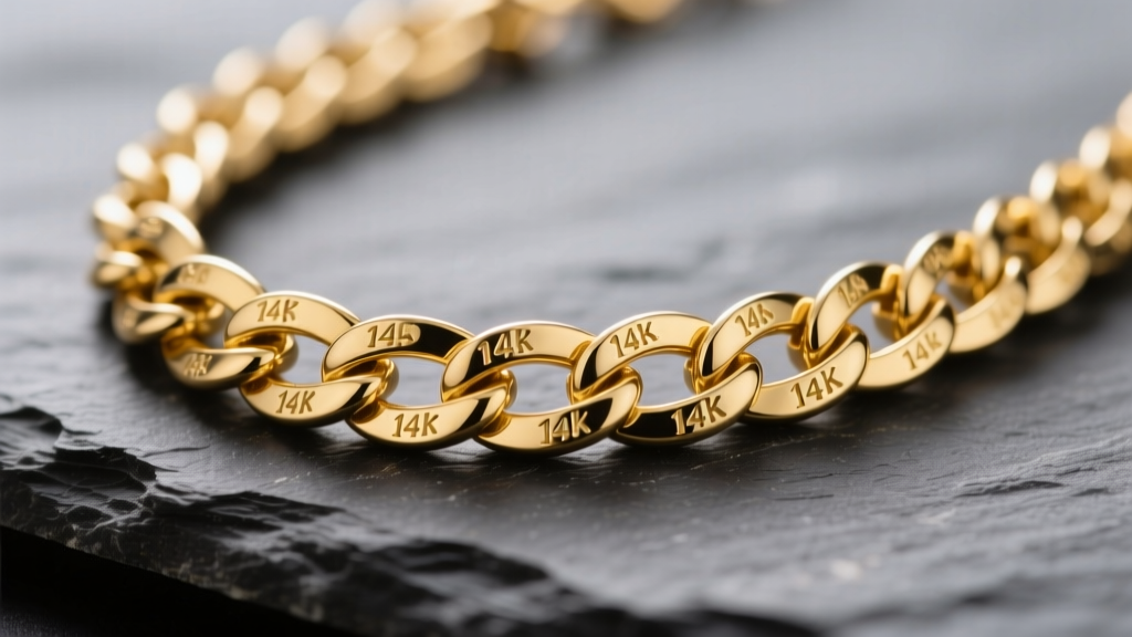 Macro shot of a 14k gold filled chain link necklace on dark slate, highlighting the thick gold layer and crisp metal stamping.