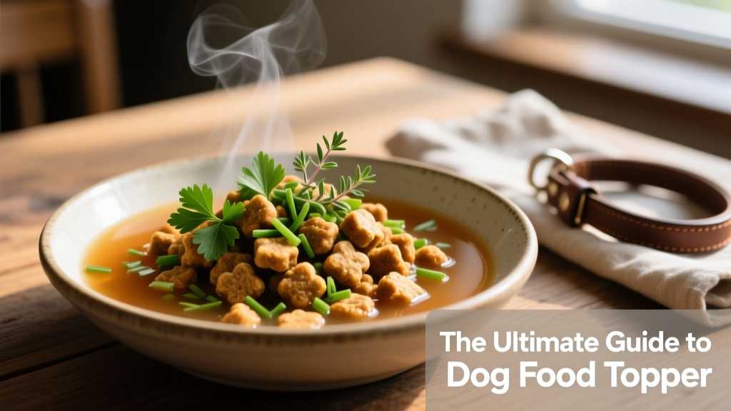 A close-up of kibble topped with warm bone broth and finely chopped herbs