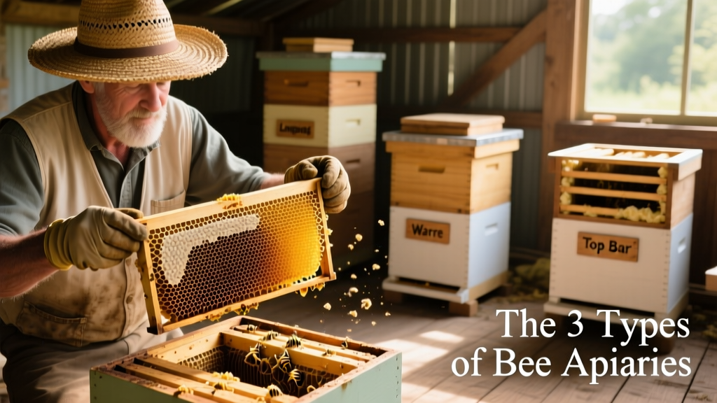 Beekeeper gently lifting a single top bar with attached comb, showing natural cell patterns