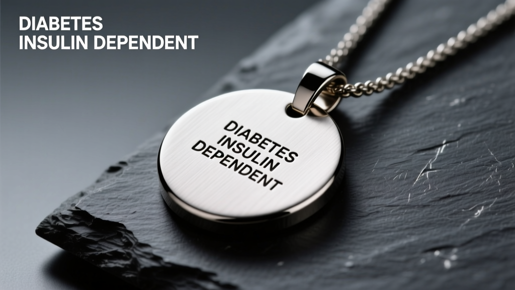 Brushed titanium medical alert pendant on dark slate, illuminated by soft studio lighting showing laser engraved text