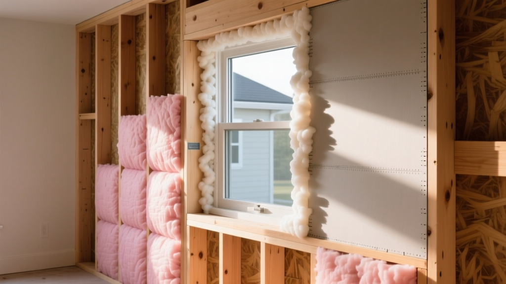 Residential wood-framed wall cross-section exposing pink fiberglass batts, rigid foam sheathing, and spray foam air sealing around a window