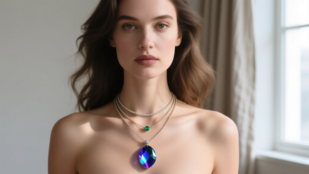 Woman wearing three layered necklaces, featuring a central dichroic glass chain pendant, captured in soft natural window lighting.