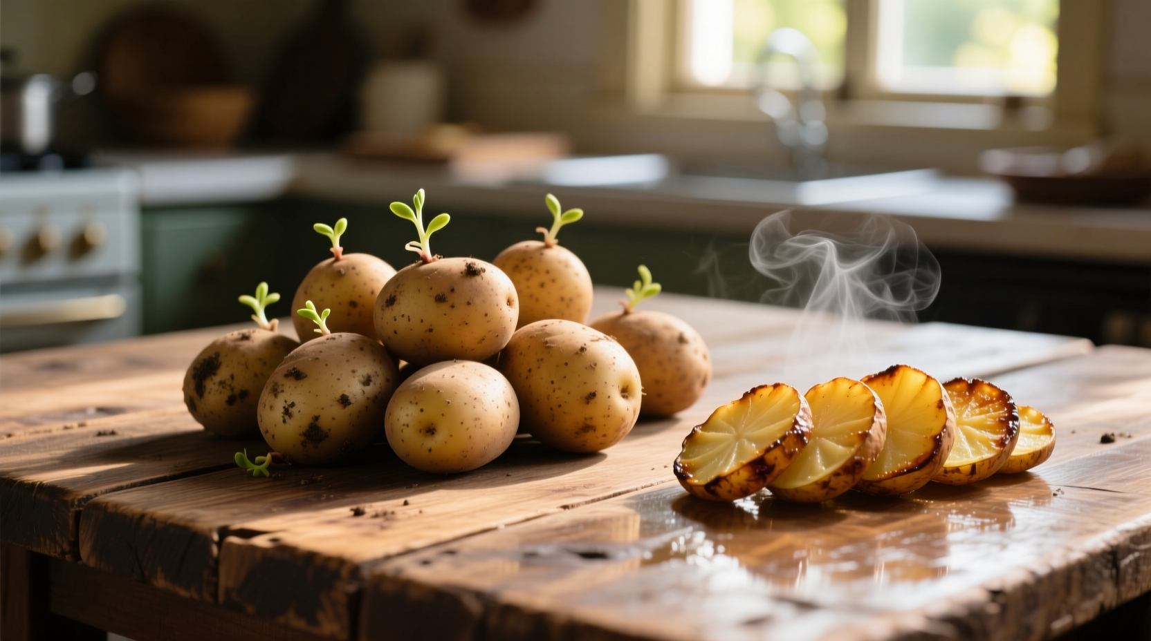 Raw potatoes and cooked potato slices on wooden table