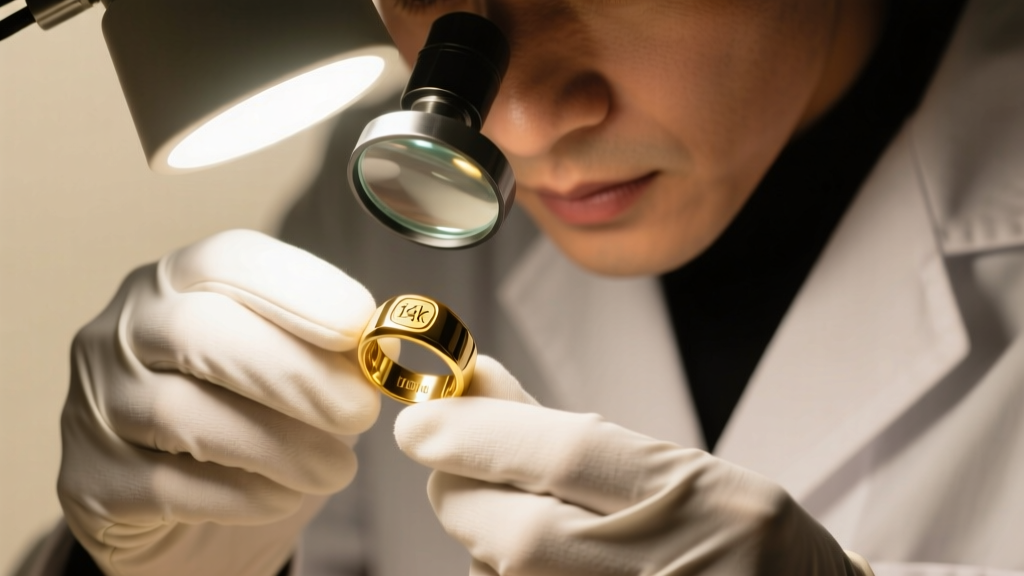 Jeweler holding a 14k yellow gold signet ring under a bright LED lamp, inspecting the inner band hallmark with a 10x loupe