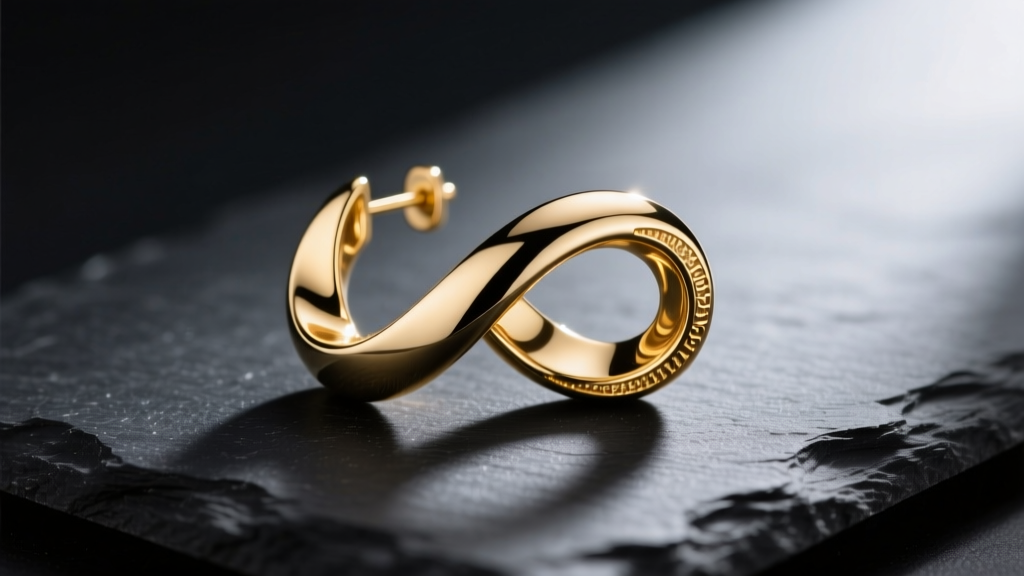 Macro shot of an 18k gold Mobius strip earring on dark slate, highlighting the continuous half-twist geometry and mirror finish.