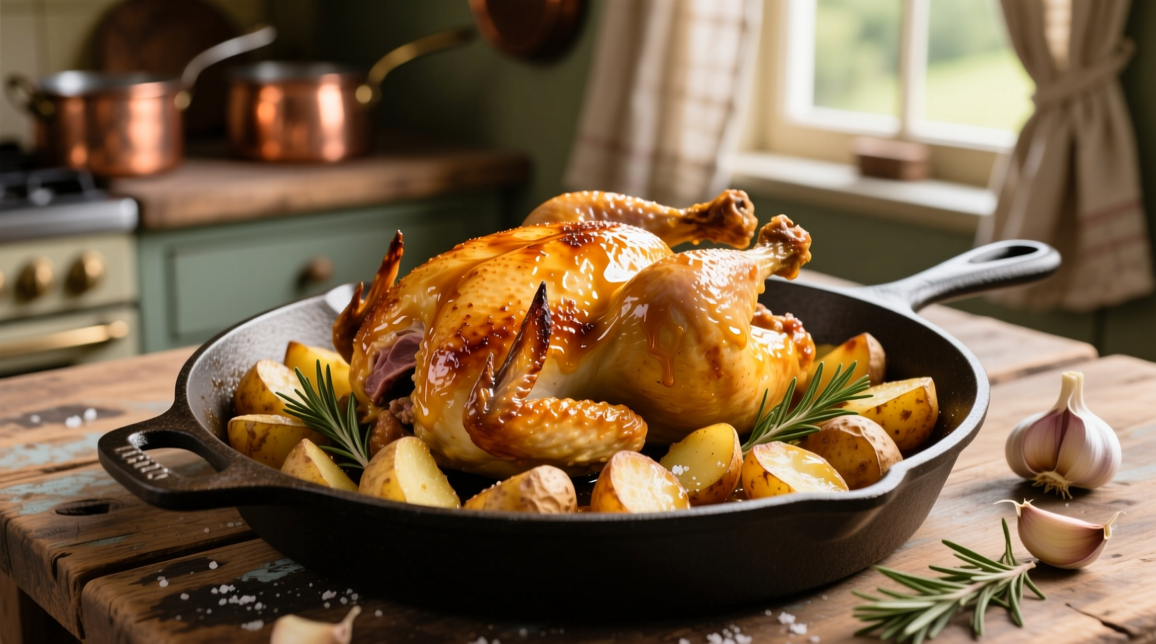 Golden roasted chicken with crispy potatoes on cast iron