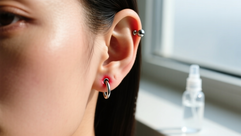Close-up of a healing tragus piercing with a titanium labret stud, mild redness, and a saline spray bottle in the soft background.