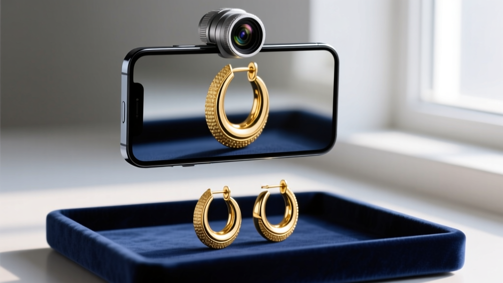 Close-up of a smartphone equipped with a macro lens attachment hovering over a pair of 14k gold huggie earrings on a velvet tray