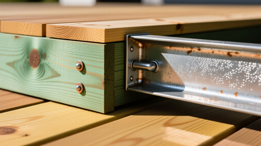 Close-up of copper-treated Southern Yellow Pine deck boards showing a green tint next to hot-dipped galvanized steel joist hangers