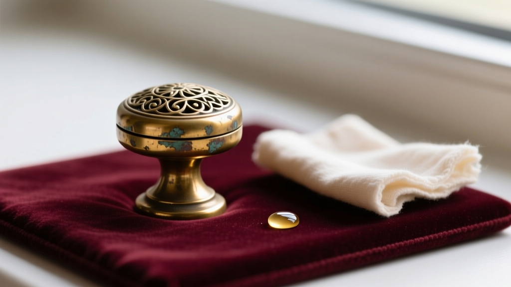 Close-up of tarnished solid brass vintage jewelry box knob on a velvet mat with polishing cloths and liquid brass cleaner nearby.