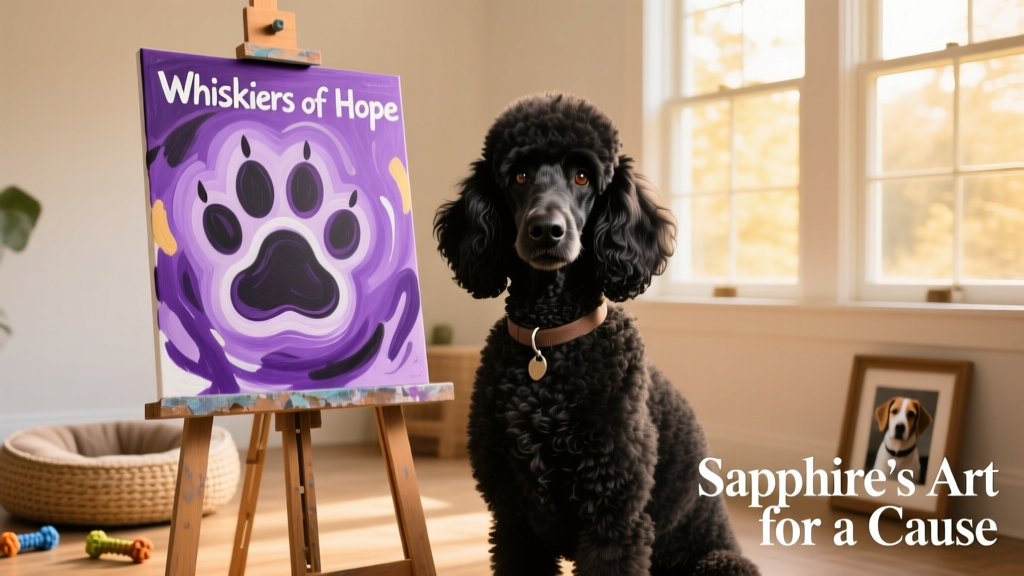 black poodle, Sapphire, with her purple painting