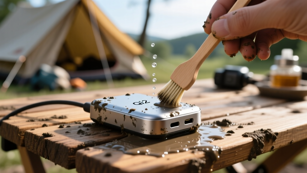 Close-up of a muddy Qi2 wireless charger being carefully cleaned with a wooden toothpick and isopropyl alcohol on a camping table
