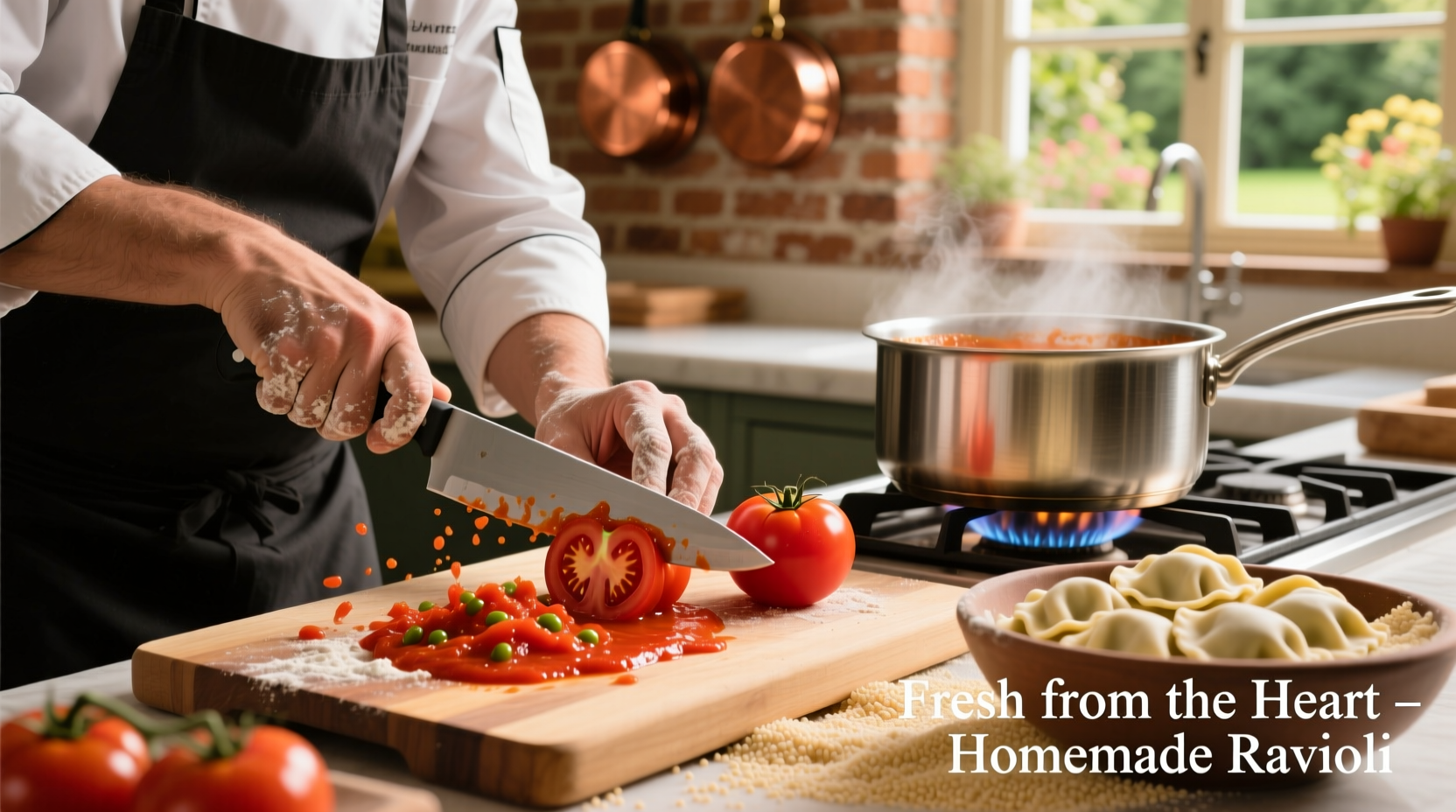 Chef preparing fresh tomato sauce for ravioli