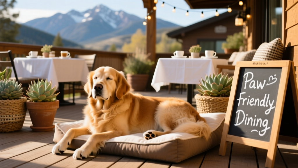 A dog relaxing on a sunny, dog-friendly patio at a Park City restaurant