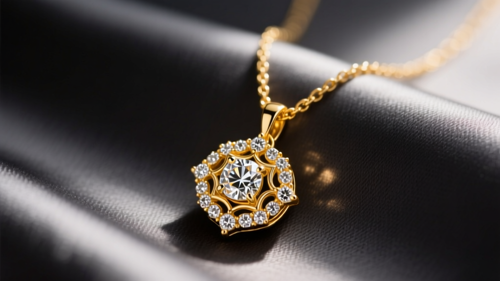 Macro shot of an 18k yellow gold VCA Frivole small pendant necklace with pavé diamonds resting on dark charcoal silk fabric.