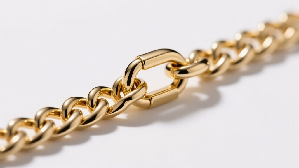Side profile of a 1.2mm solid 14k gold curb chain passing through a reinforced lobster clasp, showing the secure solder joints