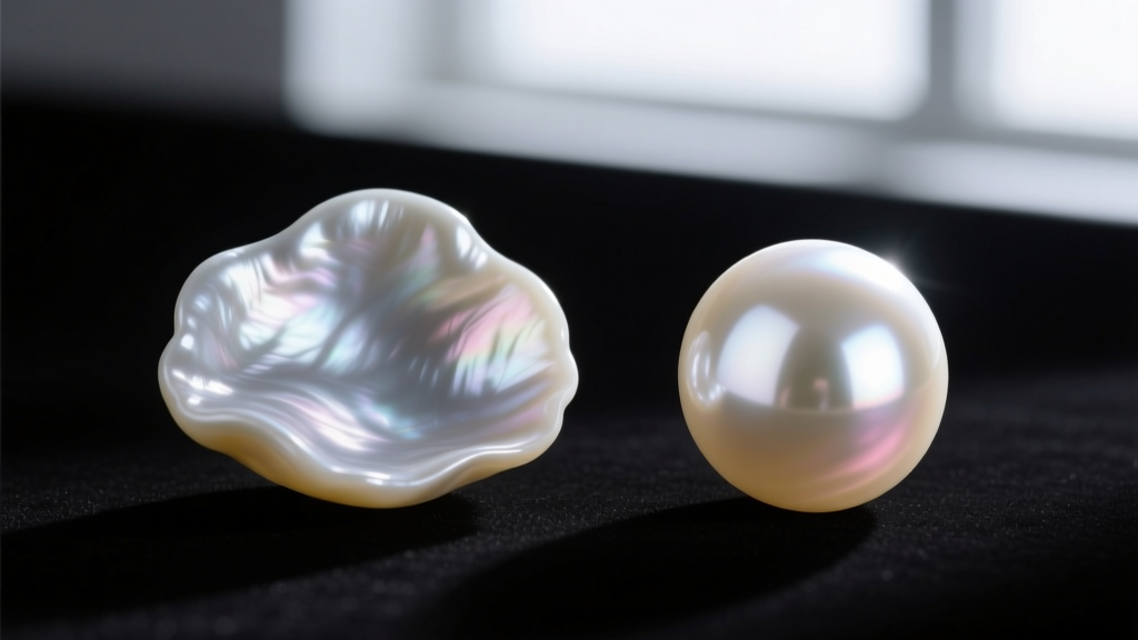 Macro comparison of a baroque freshwater pearl and a round Akoya pearl, highlighting differences in luster and surface texture.