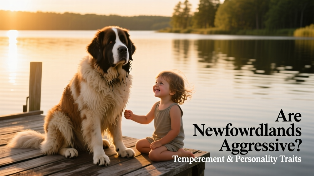 A smiling Newfoundland dog gently holding a child's hand while sitting calmly on a dock near water