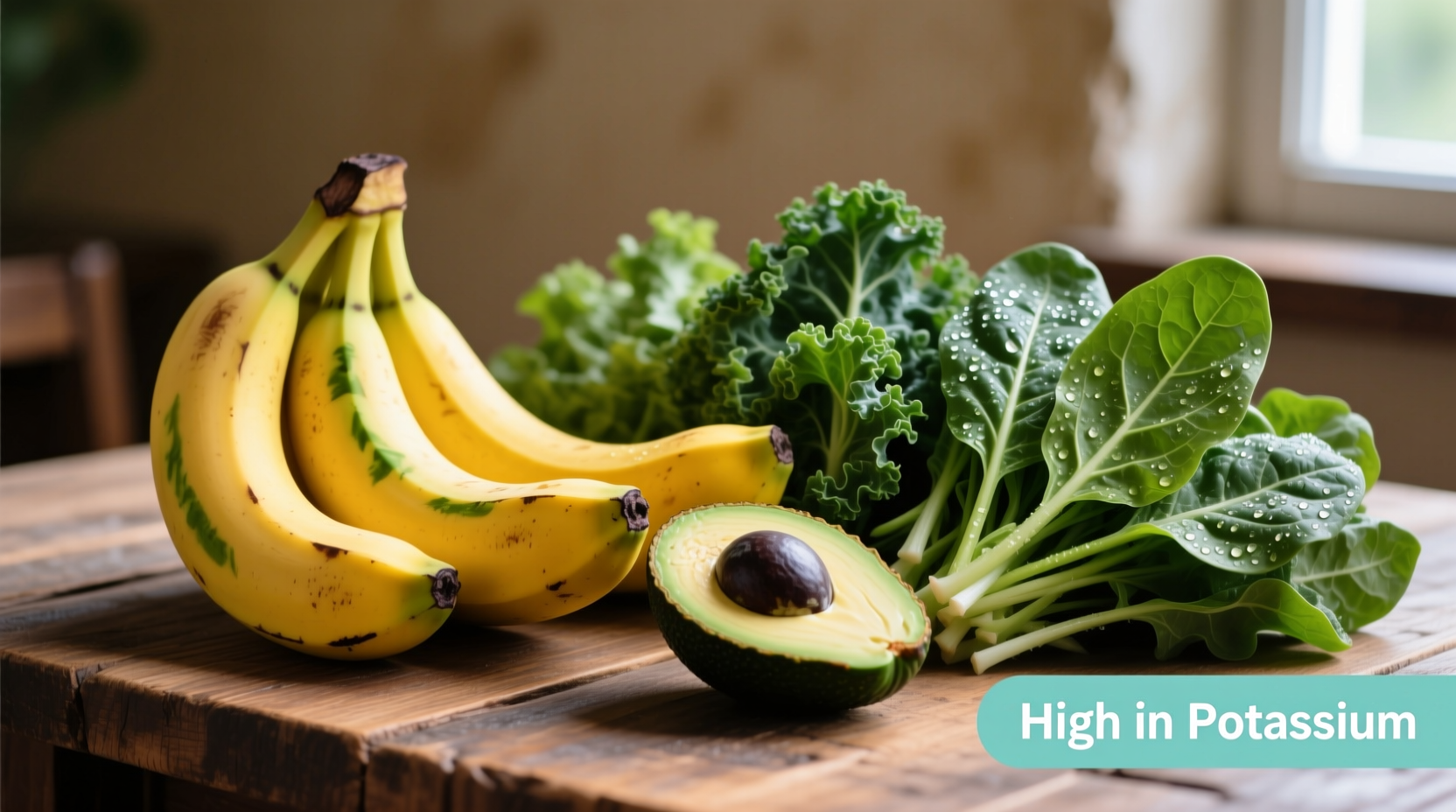 Colorful assortment of potassium-rich foods including bananas, avocados, and leafy greens
