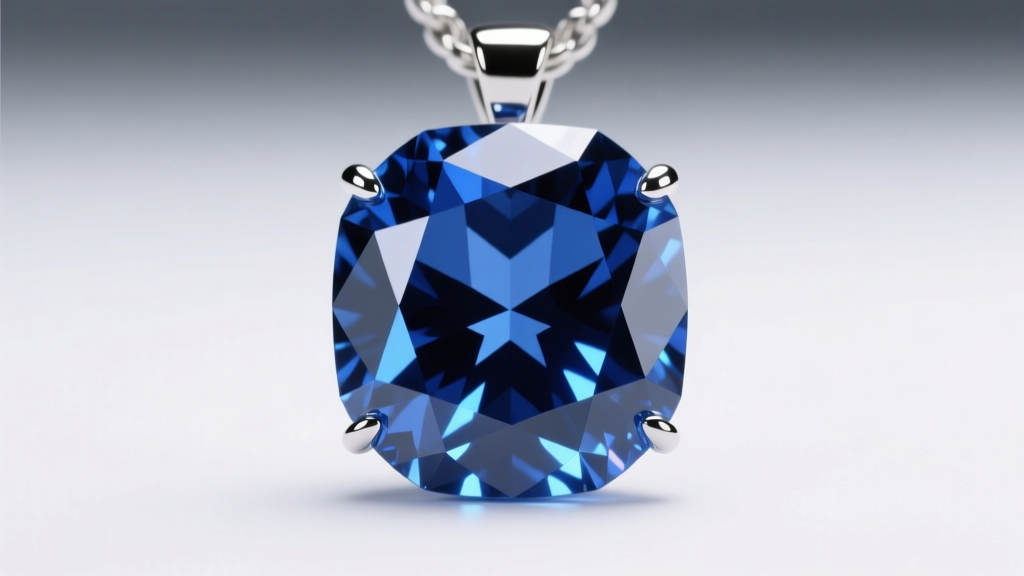 Macro photography of a London blue topaz pendant showing deep inky blue color and brilliant step cuts under direct studio lighting.