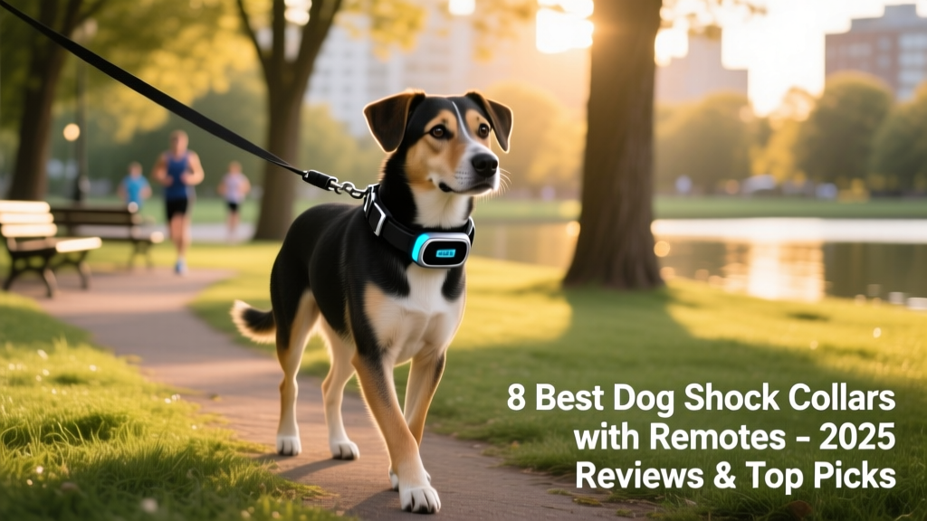 A calm, well-trained medium-sized dog wearing a sleek, modern remote-controlled training collar during a park walk