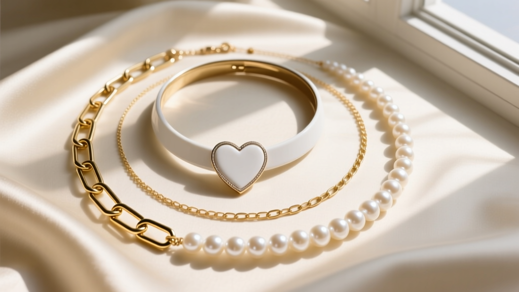 Overhead flat lay of layered necklaces with a white heart choker, gold paperclip chain, and pearl strand on cream silk fabric.