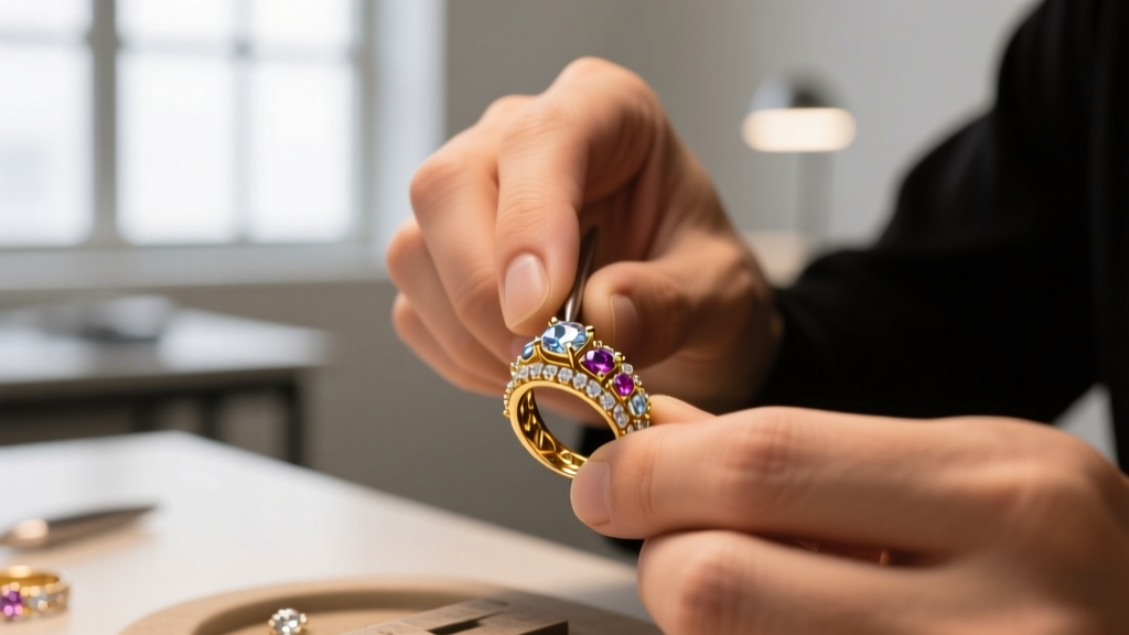 Jeweler's loupe macro view of a thick men's figaro chain clasp and a sapphire pendant prong setting showing minor wear