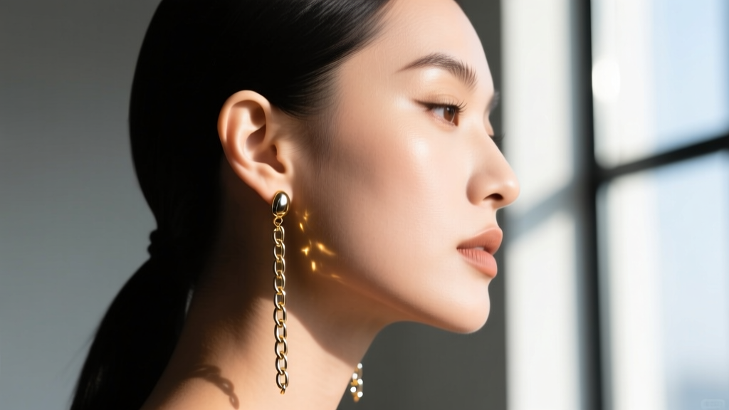 Side profile of a model wearing long chain drop earrings, capturing the swinging chain to show kinetic tension on the earlobe