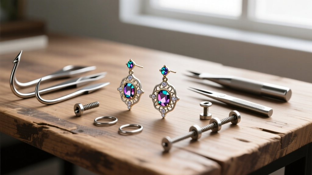 Jewelry tools, titanium fish hooks, and locking screw-backs beside disassembled anime replica earrings on a wooden desk flat lay.