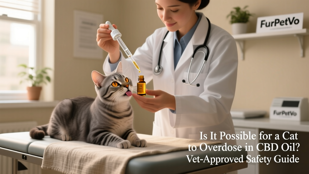 A veterinarian gently administering a small amount of FurPetVo CBD oil under a cat's tongue using a calibrated dropper