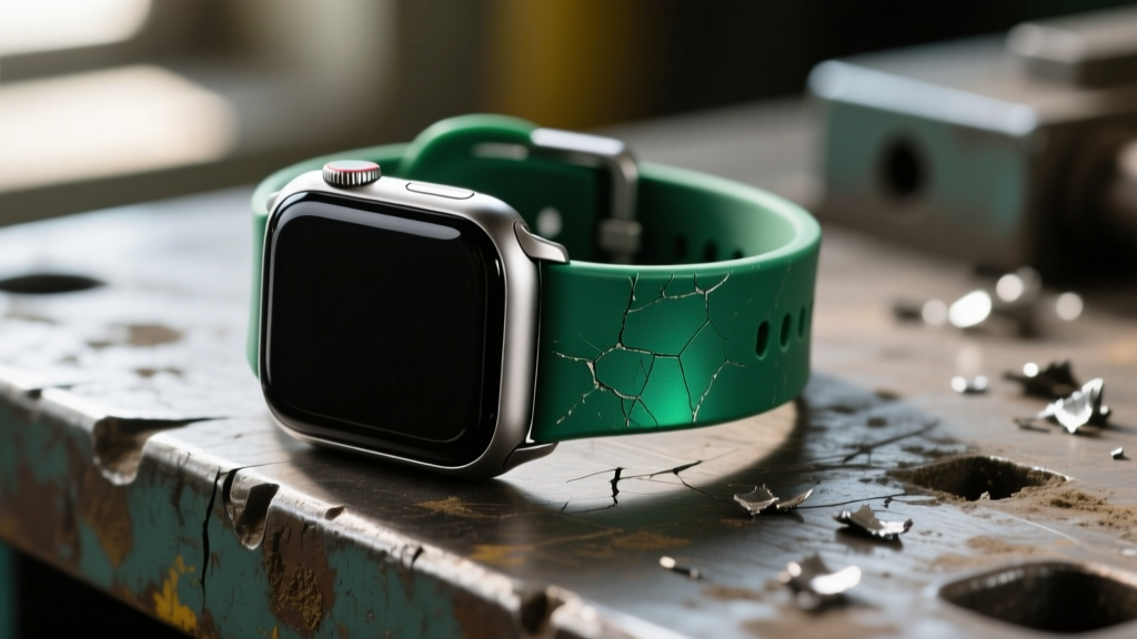 Macro photography of a rugged FKM fluoroelastomer smartwatch band attached to an Apple Watch Ultra titanium case resting on a scratched workbench