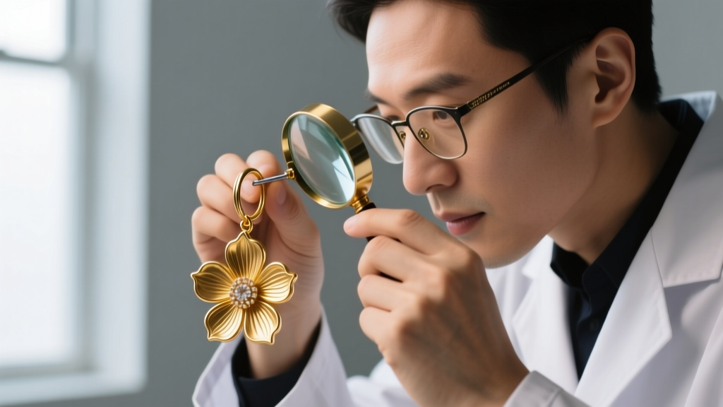Jeweler using a loupe to inspect a soldered jump ring on a gold flower earrings dangle piece, ensuring no sharp edges snag hair.