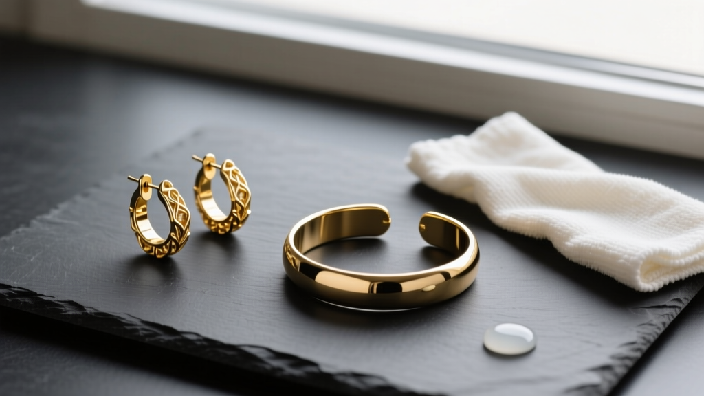 Overhead flat-lay of gold-plated clip-on hoops and magnetic cuffs on a dark slate mat next to a microfiber cloth and mild soap