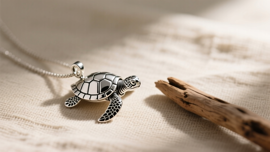 Detailed .925 sterling silver sea turtle pendant resting on textured beige linen beside a small piece of smooth coastal driftwood.