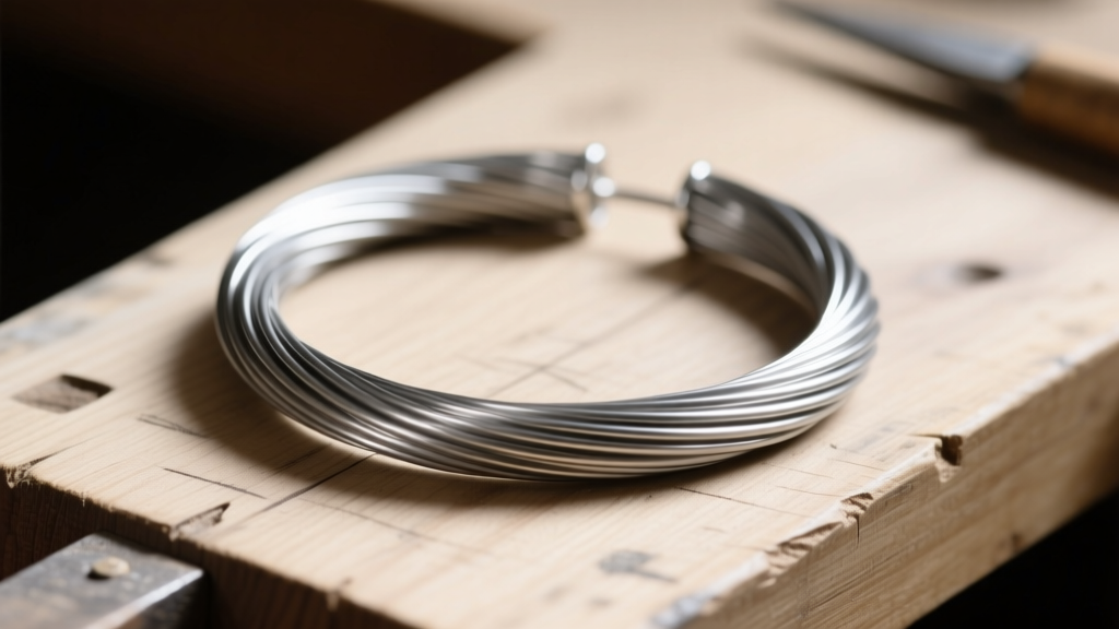 Close-up of titanium wire bent into an 8-inch hoop, showing brushed texture and thick gauge on a wooden jeweler's workbench.