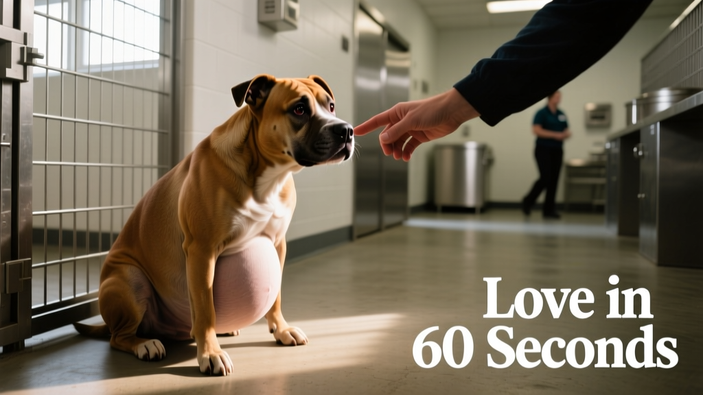 A scared, pregnant pit bull crouching low in a shelter kennel, eyes wide and body tense