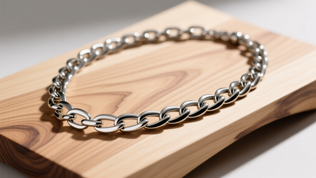 Silver chain draped over a light maple wood necklace display, highlighting the contrasting metal and natural wood grain textures