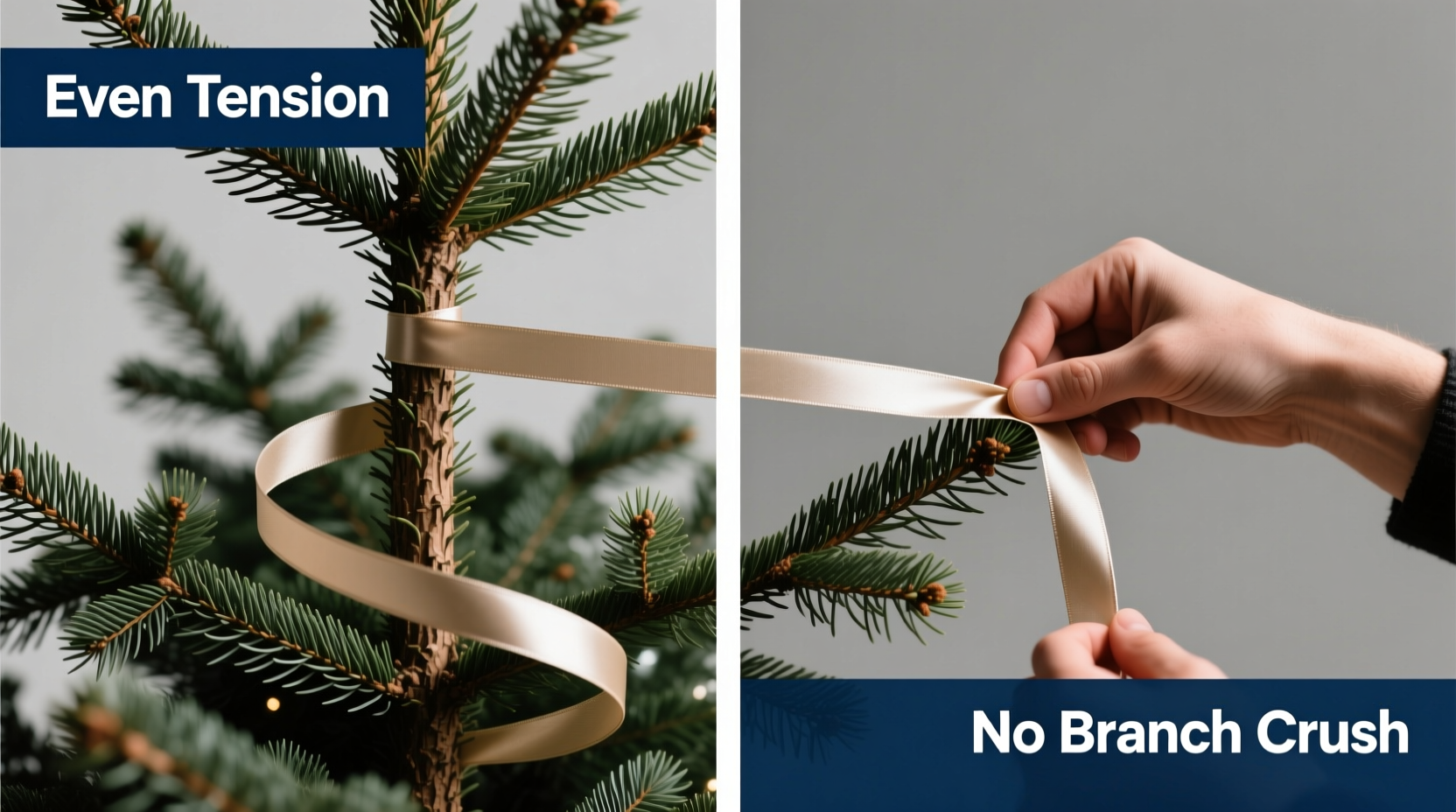 how to wrap a christmas tree in ribbon without crushing branches or causing uneven tension
