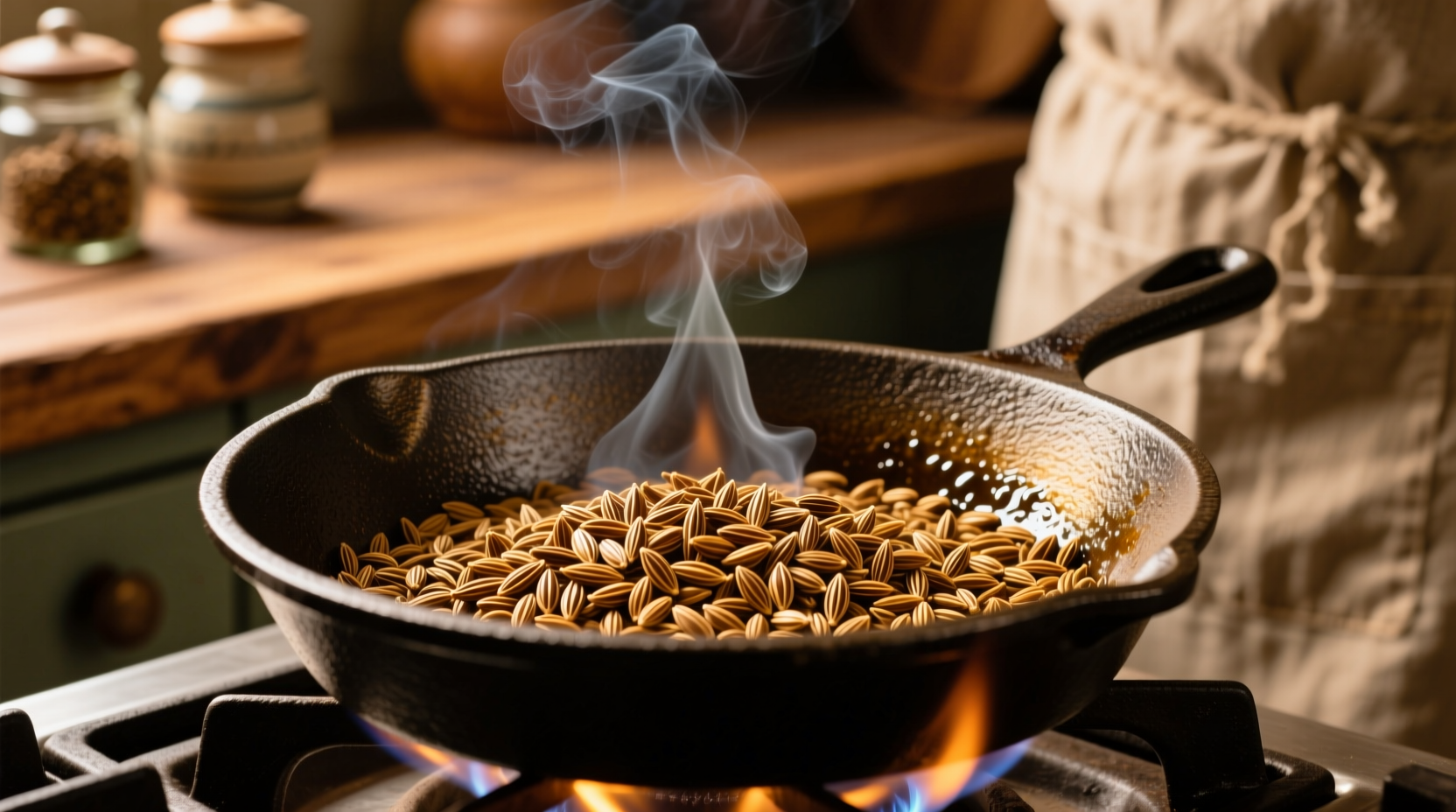 Cumin seeds toasting in cast iron skillet