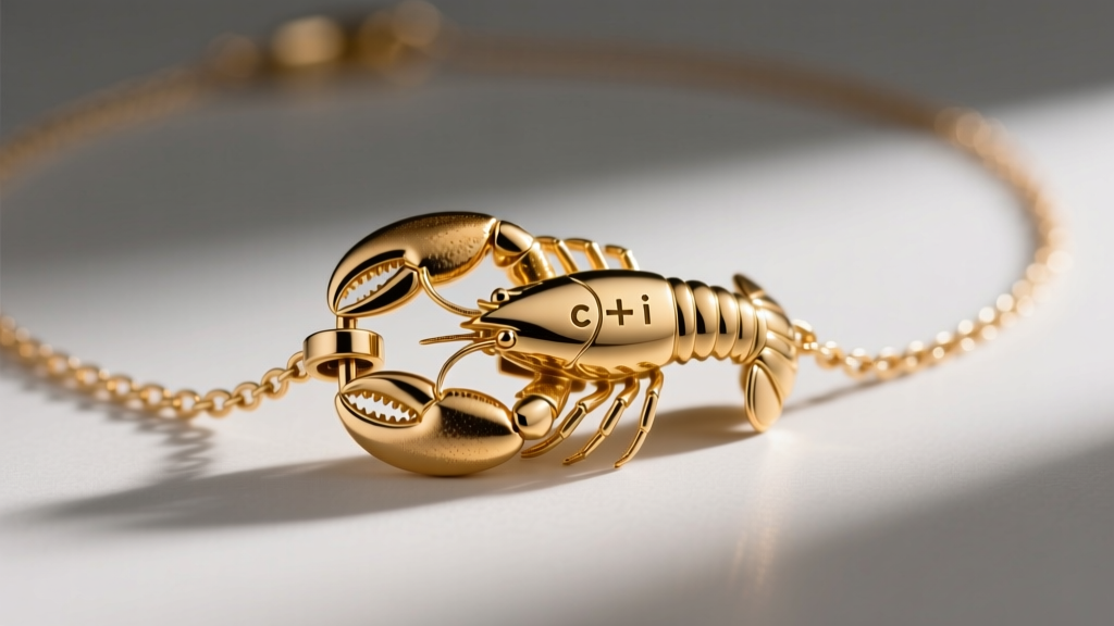 Extreme close-up of a gold lobster clasp on a chain necklace showing the tiny engraved c plus i logo marker on the metal hardware