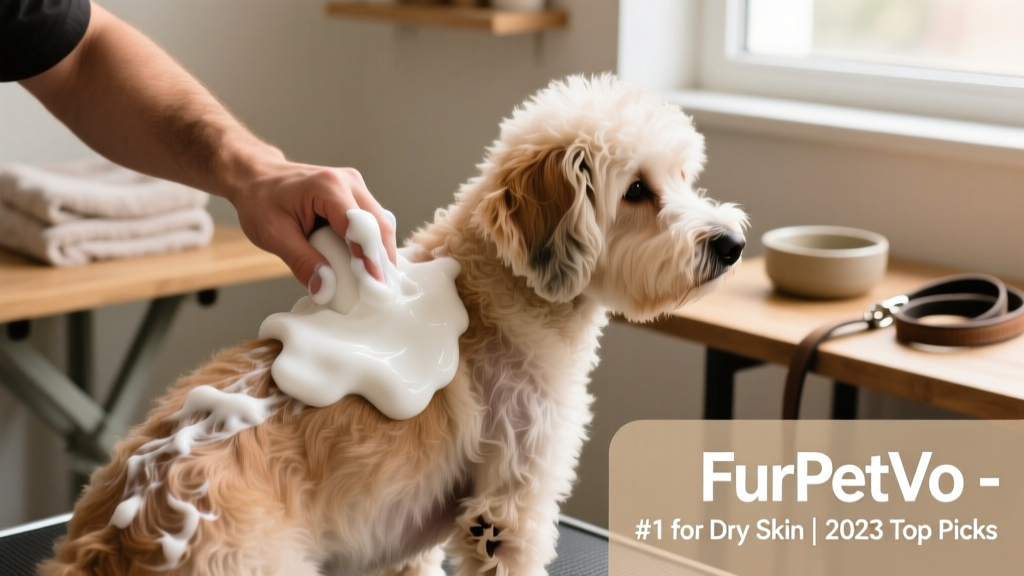Hand applying white, creamy FurPetVo waterless shampoo foam to a dog's back during grooming