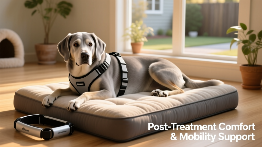 Dog comfortably resting on orthopedic bedding with supportive harness nearby, illustrating post-treatment comfort and mobility support